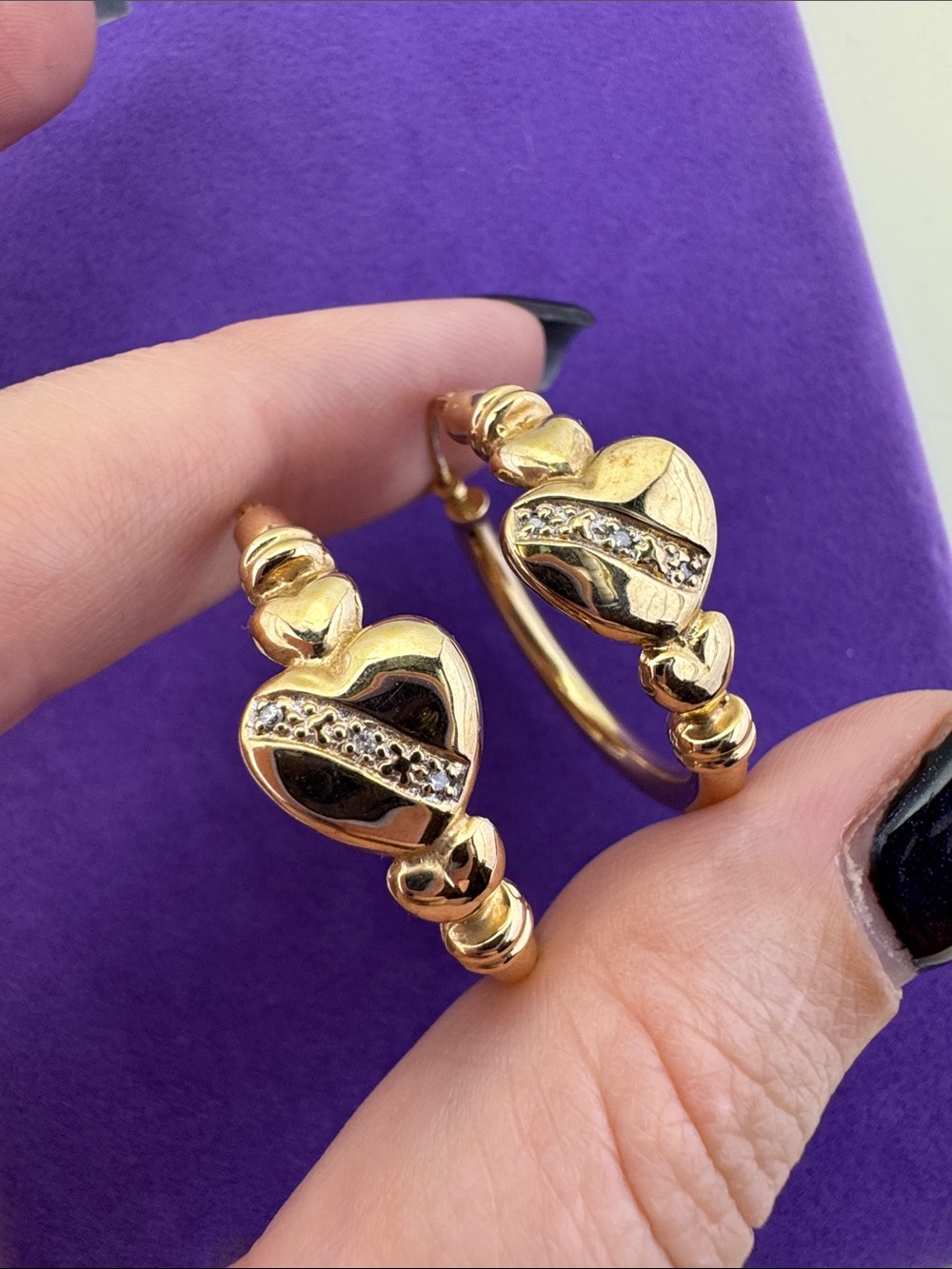 💛 Vintage 14k Gold Diamond Heart Hoop Earrings | Romantic Luxury